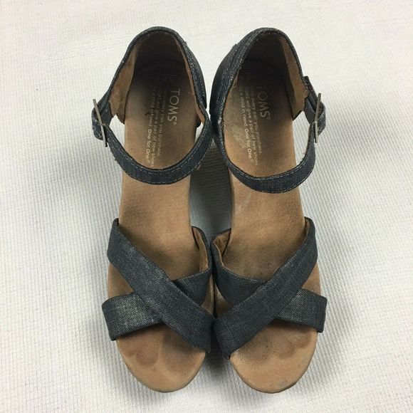 TOMS Sienna Metallic Blue Strappy Wedge Sandal 8.5 - Picture 2 of 6